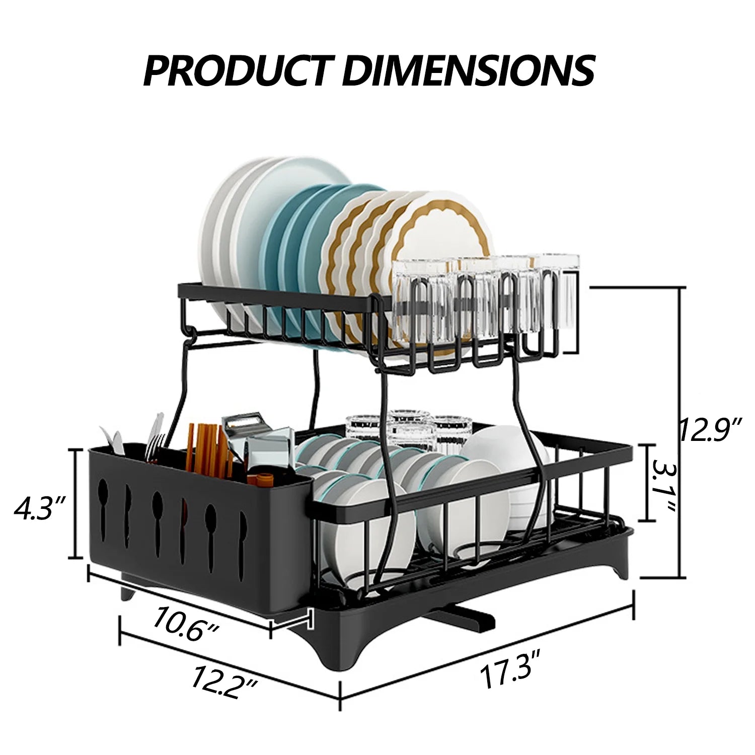 Dish Drying Rack for Kitchen, 2 Tier Stainless Steel Dish Racks Sink Organizer with Cutlery Holder, Space-Saving for Home, Black