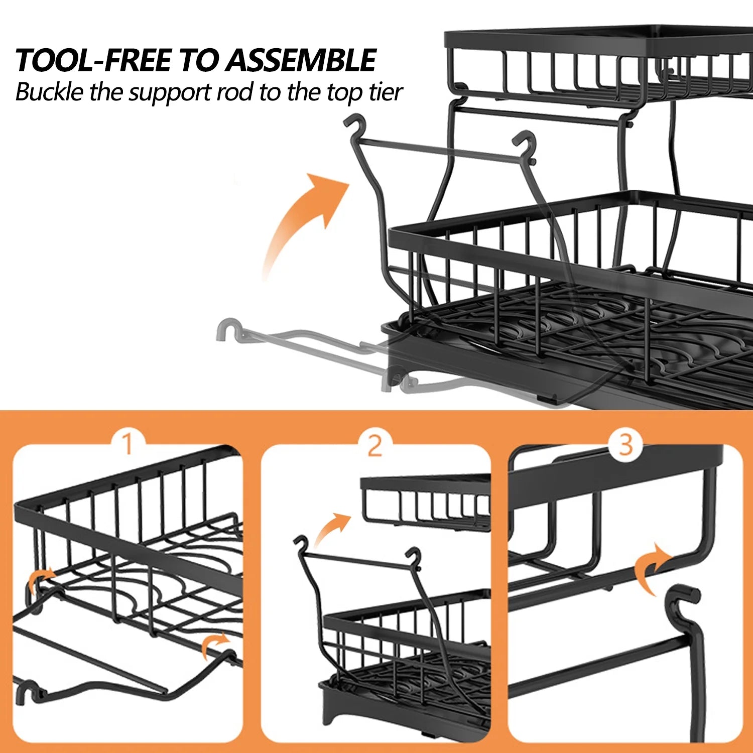 Dish Drying Rack for Kitchen, 2 Tier Stainless Steel Dish Racks Sink Organizer with Cutlery Holder, Space-Saving for Home, Black