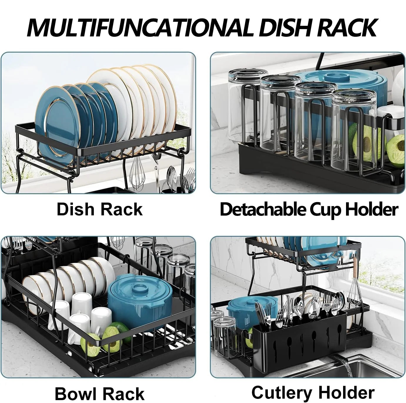 Dish Drying Rack for Kitchen, 2 Tier Stainless Steel Dish Racks Sink Organizer with Cutlery Holder, Space-Saving for Home, Black