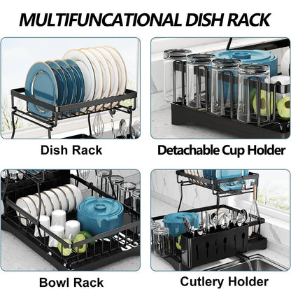 Dish Drying Rack for Kitchen, 2 Tier Stainless Steel Dish Racks Sink Organizer with Cutlery Holder, Space-Saving for Home, Black
