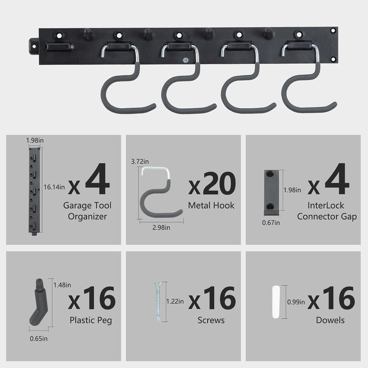 64'' Adjustable Garden Tool Organizer, Garage Storage System with Hooks, Wall Mount Tool Organization Rack, Black