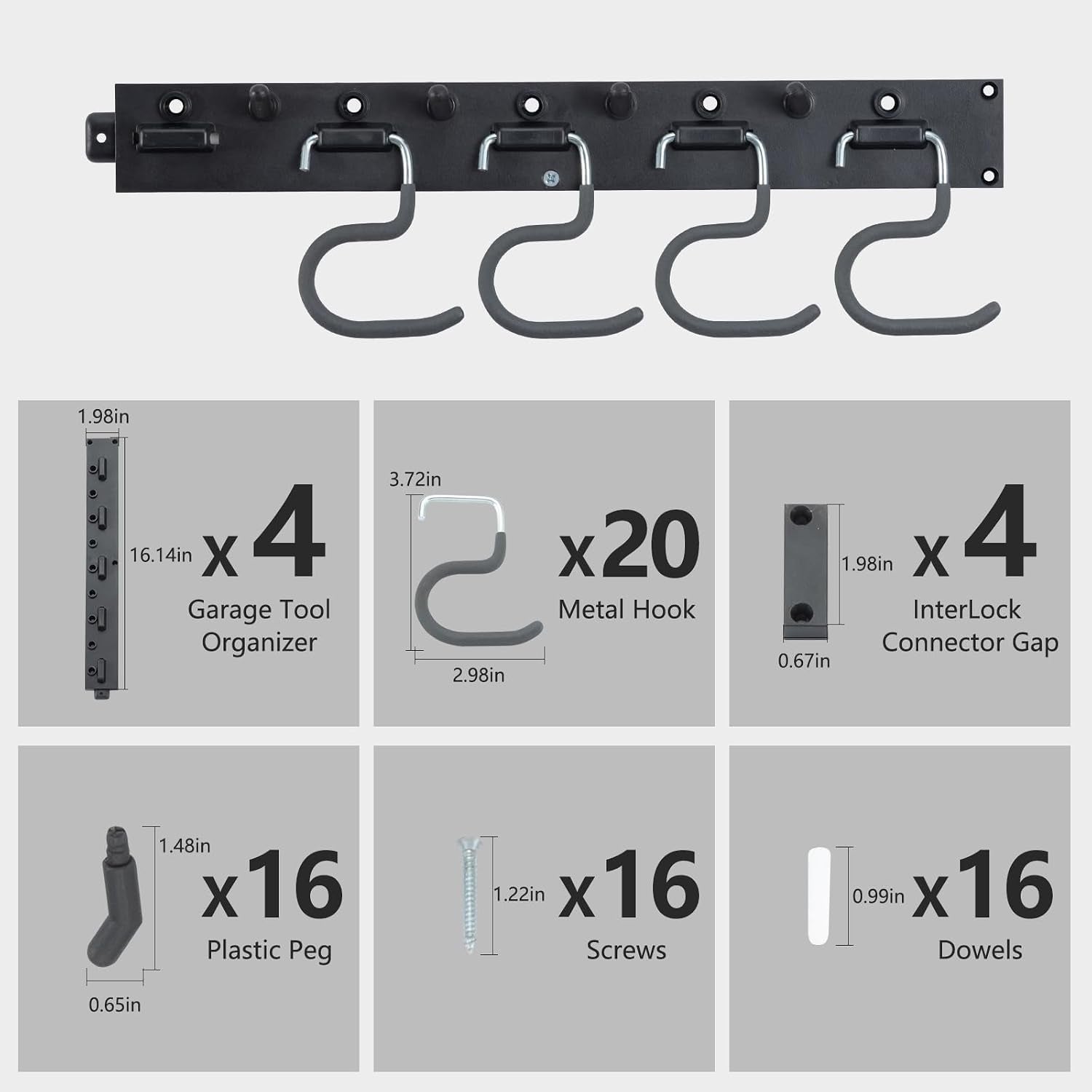 64'' Adjustable Garden Tool Organizer, Garage Storage System with Hooks, Wall Mount Tool Organization Rack, Black
