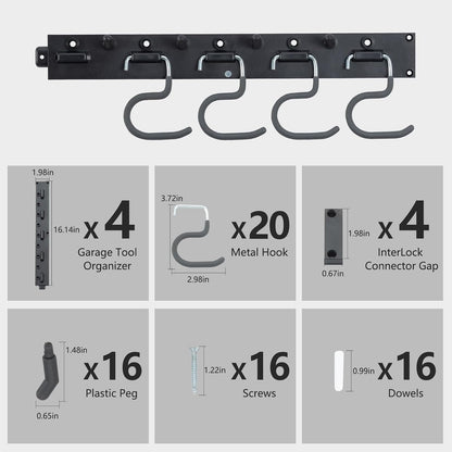64'' Adjustable Garden Tool Organizer, Garage Storage System with Hooks, Wall Mount Tool Organization Rack, Black