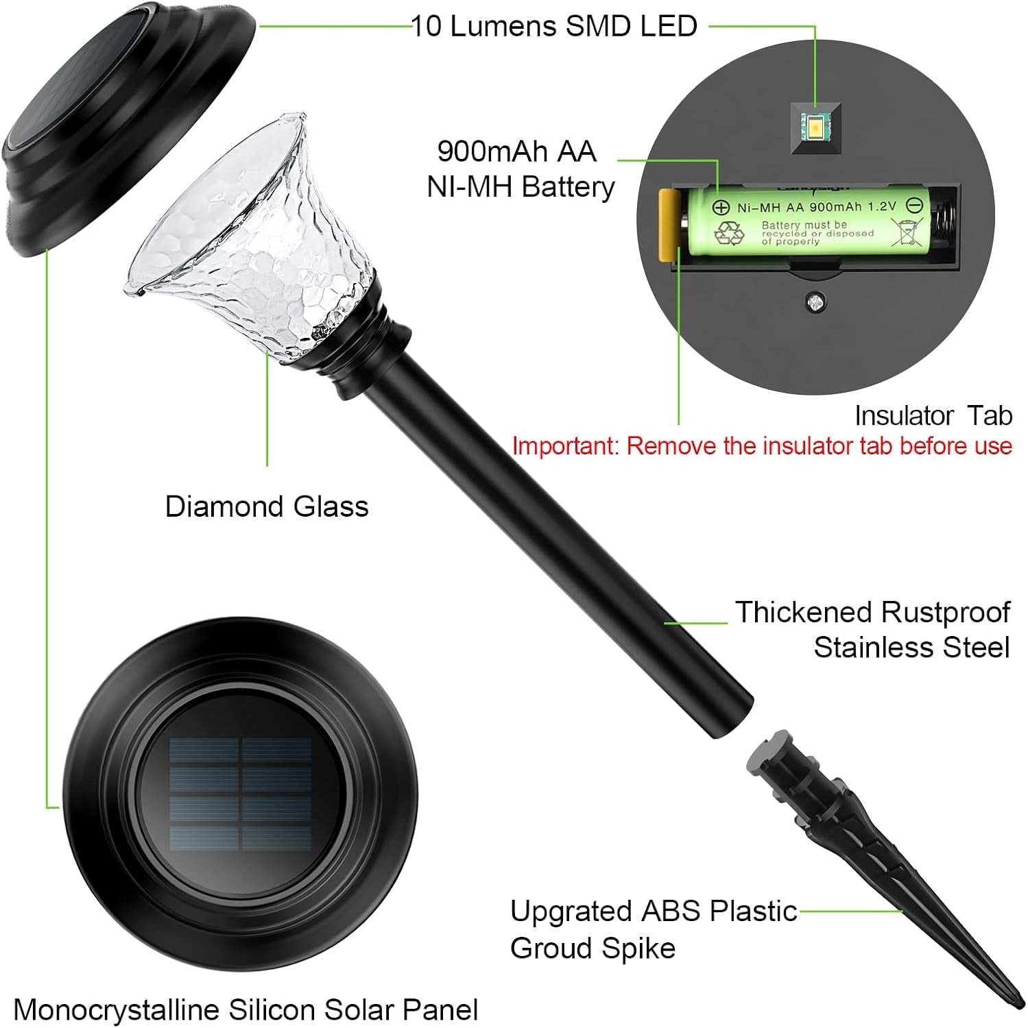 Glass Solar Lights Outdoor Waterproof, 8 Pack Super Bright Solar Pathway Lights, up to 12 Hrs Long Last Auto On/Off Garden Lights Solar Powered, Stainless Steel LED Light for Yard Landscape Cool White