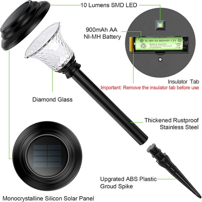 Glass Solar Lights Outdoor Waterproof, 8 Pack Super Bright Solar Pathway Lights, up to 12 Hrs Long Last Auto On/Off Garden Lights Solar Powered, Stainless Steel LED Light for Yard Landscape Cool White