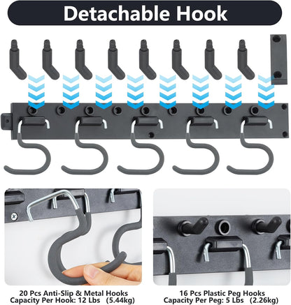 64'' Adjustable Garden Tool Organizer, Garage Storage System with Hooks, Wall Mount Tool Organization Rack, Black