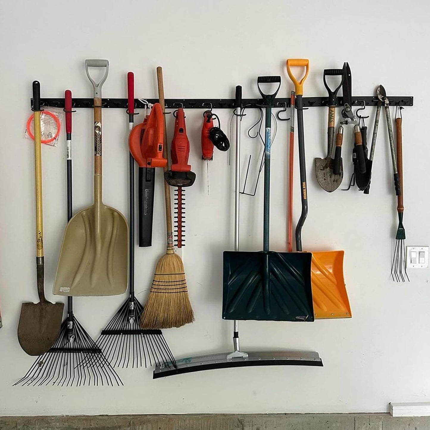 64'' Adjustable Garden Tool Organizer, Garage Storage System with Hooks, Wall Mount Tool Organization Rack, Black