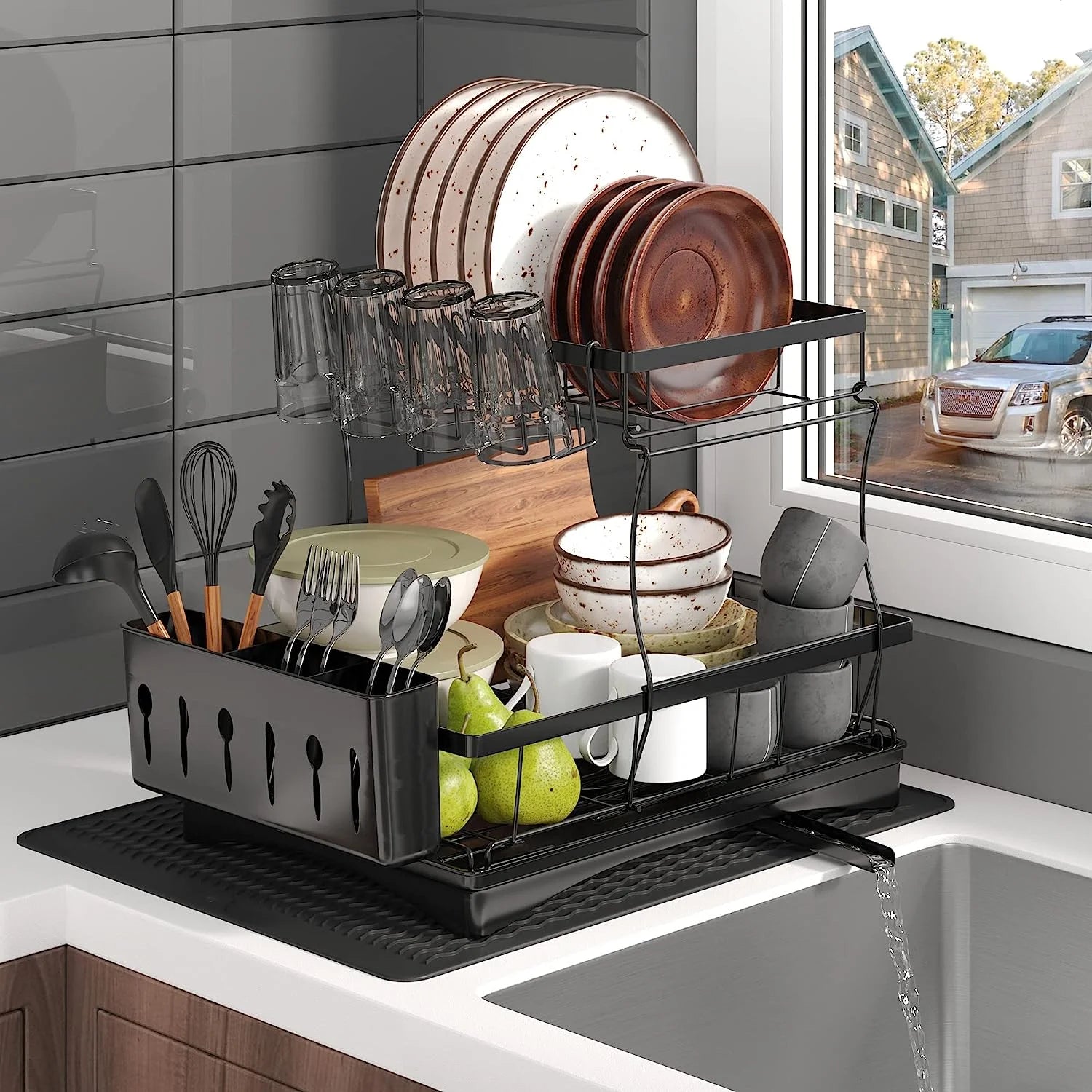 Dish Drying Rack for Kitchen, 2 Tier Stainless Steel Dish Racks Sink Organizer with Cutlery Holder, Space-Saving for Home, Black