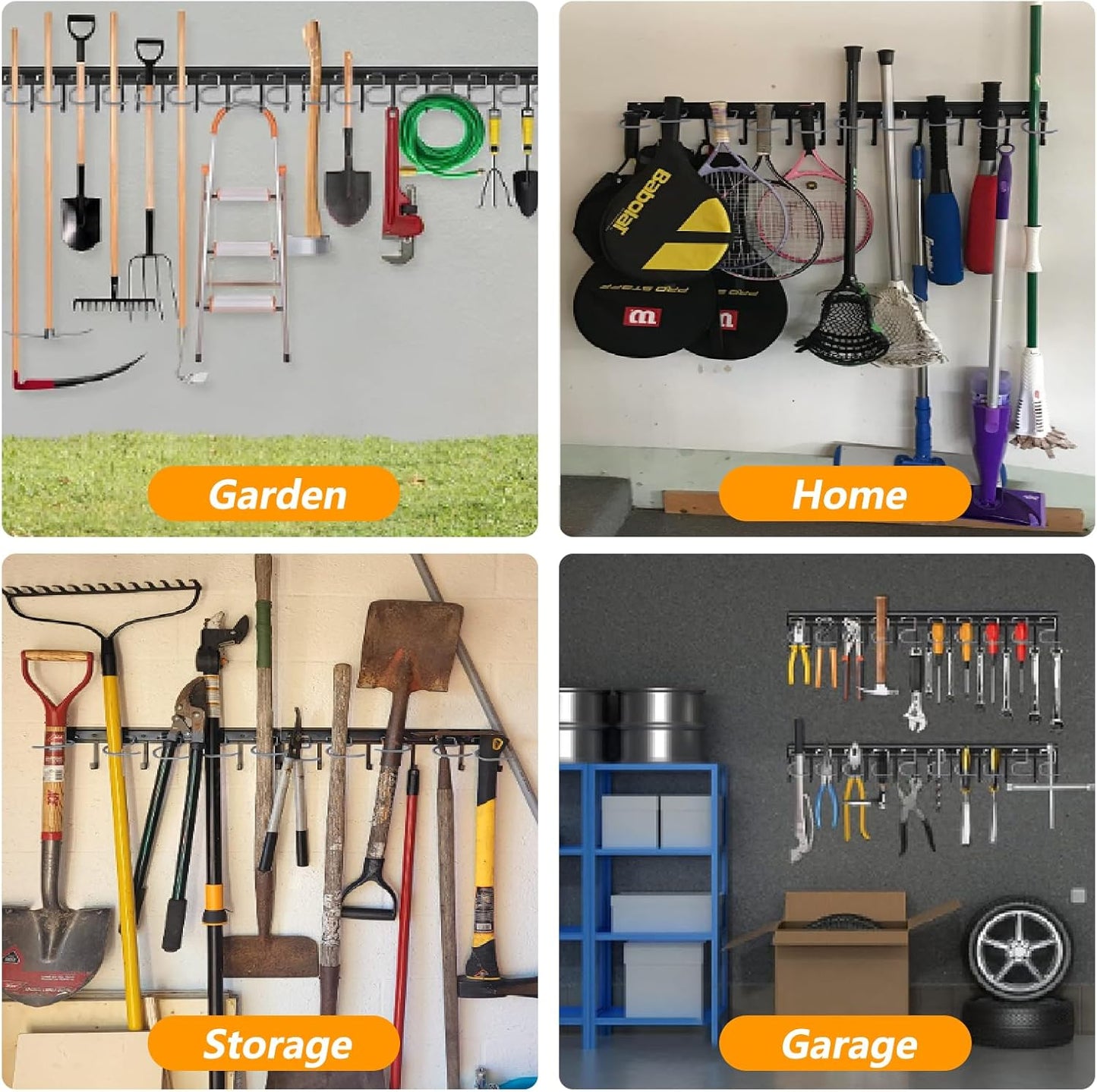 64'' Adjustable Garden Tool Organizer, Garage Storage System with Hooks, Wall Mount Tool Organization Rack, Black
