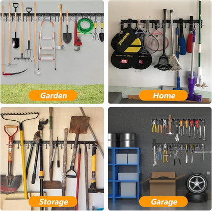 64'' Adjustable Garden Tool Organizer, Garage Storage System with Hooks, Wall Mount Tool Organization Rack, Black