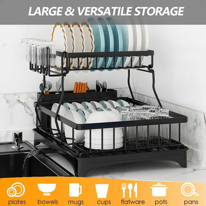 Dish Drying Rack for Kitchen, 2 Tier Stainless Steel Dish Racks Sink Organizer with Cutlery Holder, Space-Saving for Home, Black