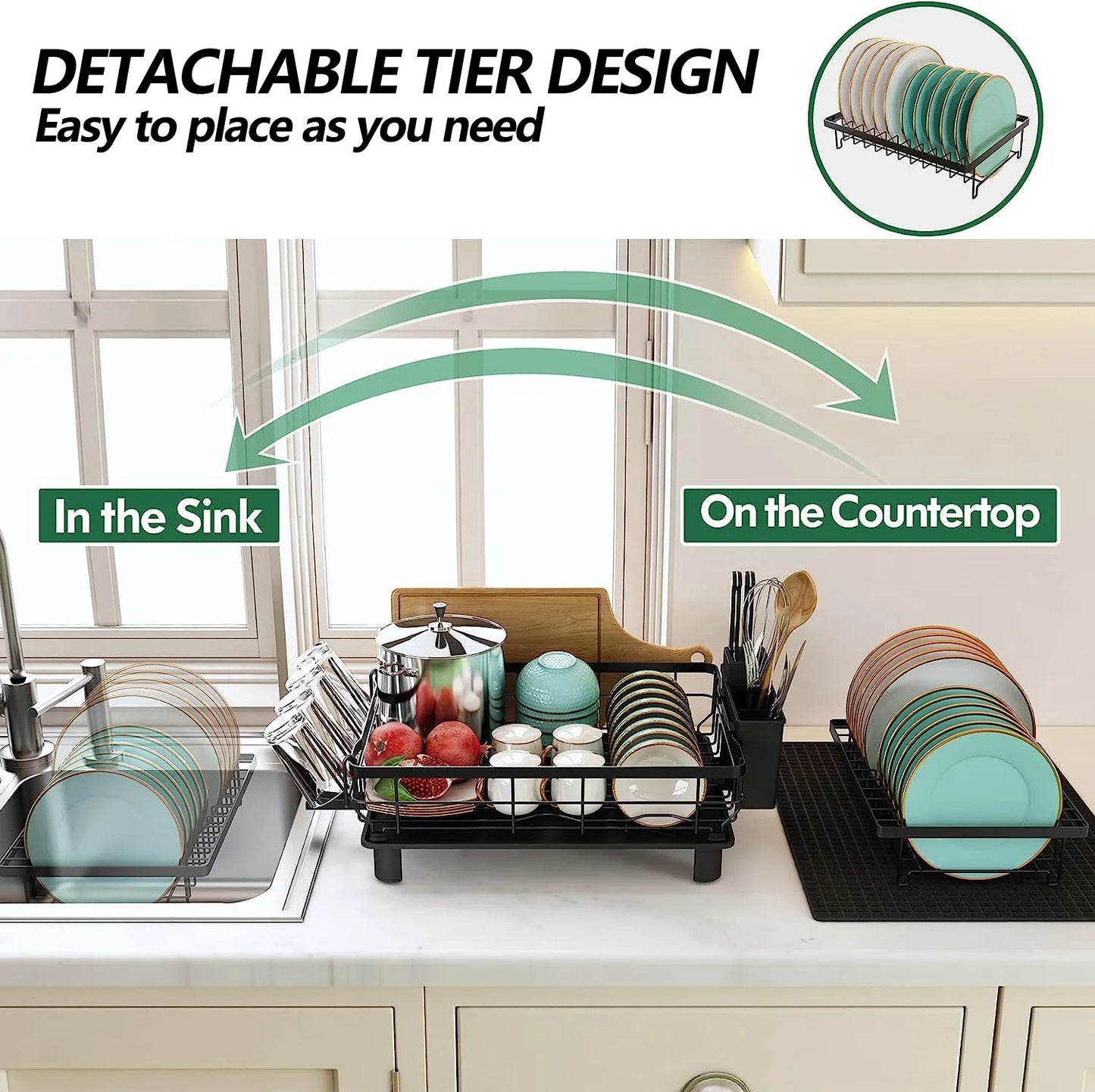 Dish Drying Rack for Kitchen, 2 Tier Stainless Steel Dish Racks Sink Organizer with Cutlery Holder, Space-Saving for Home, Black