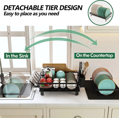 Dish Drying Rack for Kitchen, 2 Tier Stainless Steel Dish Racks Sink Organizer with Cutlery Holder, Space-Saving for Home, Black