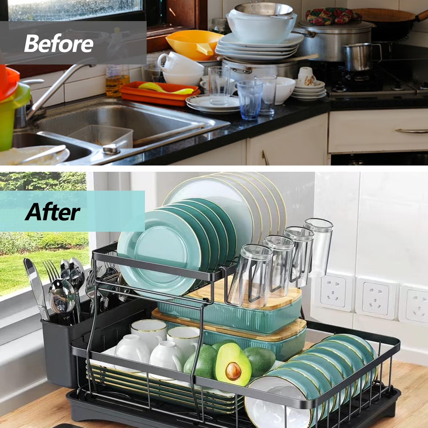 Dish Drying Rack for Kitchen, 2 Tier Stainless Steel Dish Racks Sink Organizer with Cutlery Holder, Space-Saving for Home, Black
