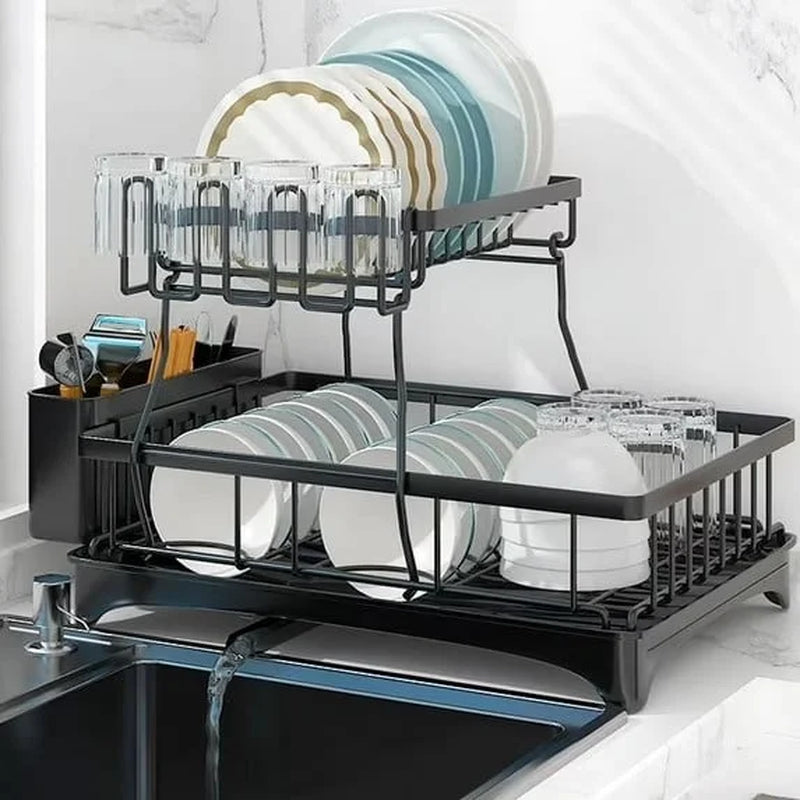 Dish Drying Rack for Kitchen, 2 Tier Stainless Steel Dish Racks Sink Organizer with Cutlery Holder, Space-Saving for Home, Black