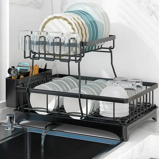 Dish Drying Rack for Kitchen, 2 Tier Stainless Steel Dish Racks Sink Organizer with Cutlery Holder, Space-Saving for Home, Black